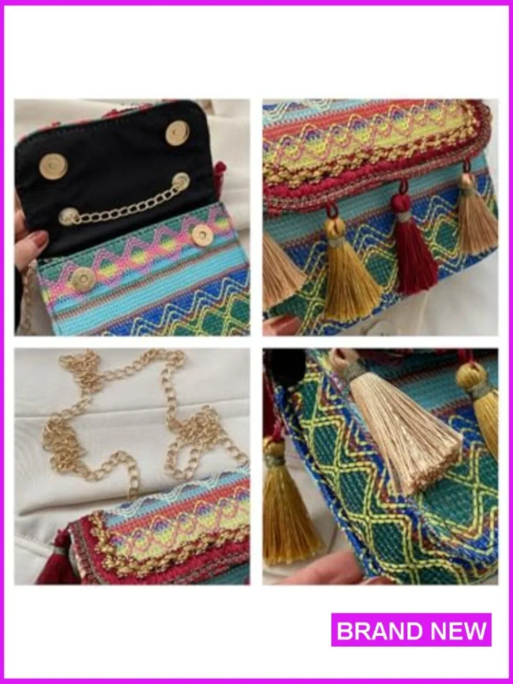 Boho Handwoven Crossbody Bag Gold Chain Tassel Strawberry Keychain Summer - Picture 5 of 7